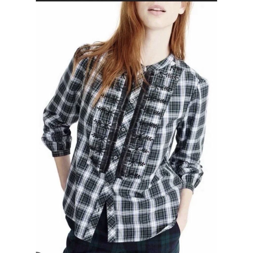 J CREW Size-XL Top Blouse Embellished Green Tartan Plaid Poplin Shirt